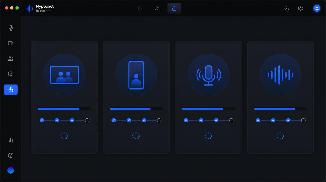 Hypecast Studio for desktop export screen with episode, clip, audio and WAV stem options
