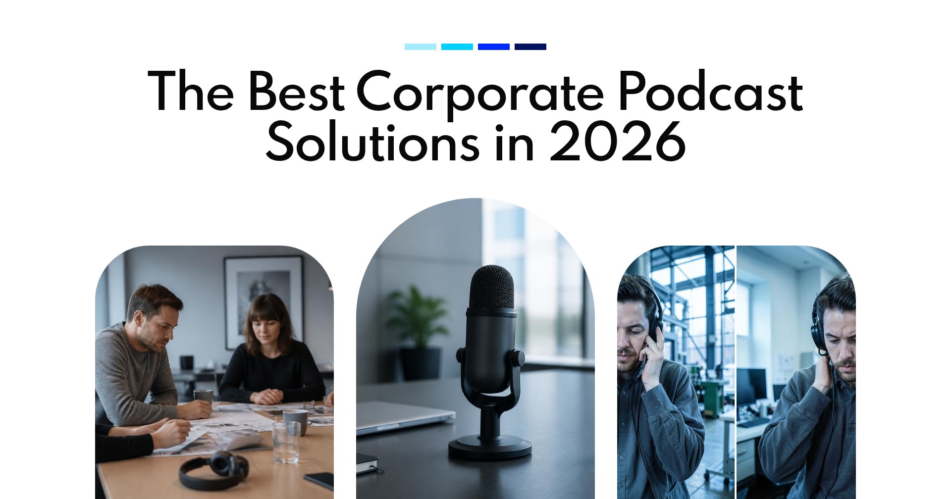 Professional podcast microphone on a corporate meeting room table with a laptop and notebook