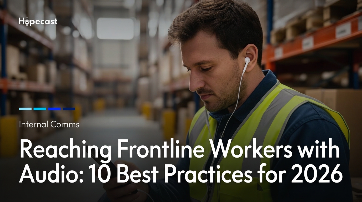 A warehouse worker in a high-visibility vest listening to a podcast on a smartphone during a break