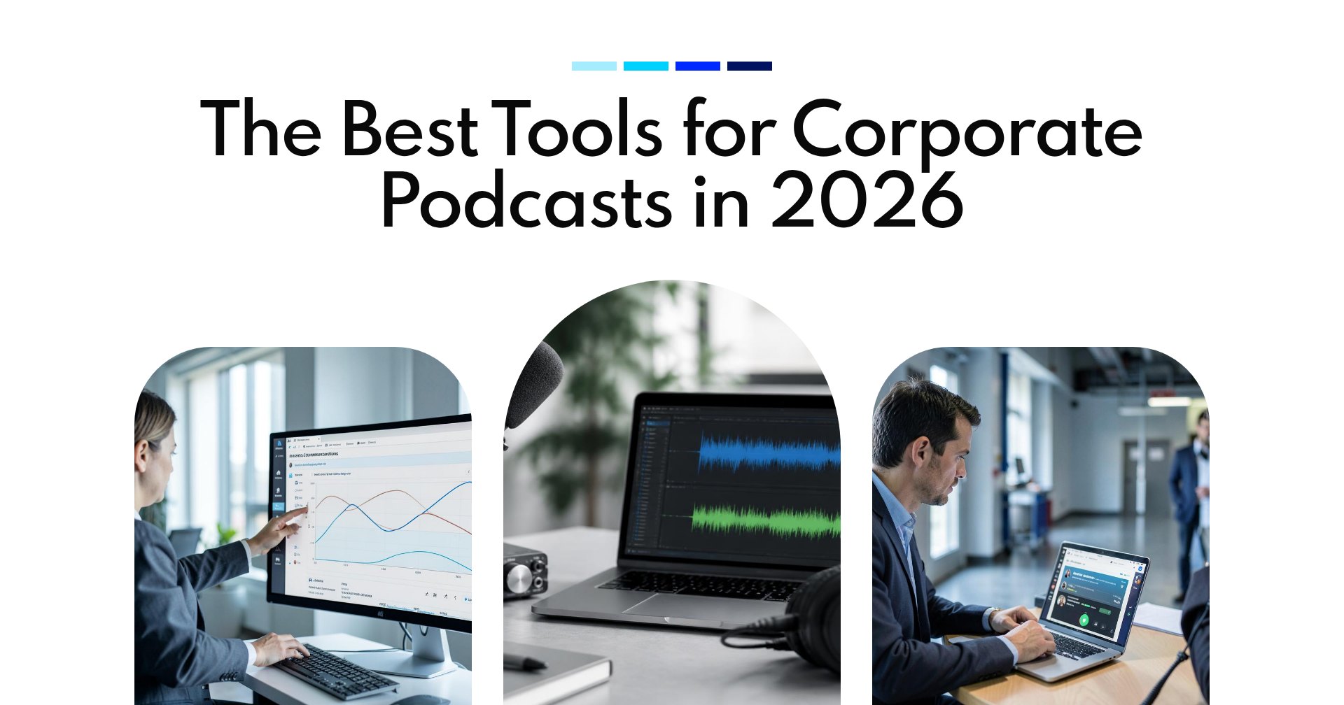 Corporate podcast production setup with a studio microphone, audio interface, headphones and a laptop showing an audio editing timeline