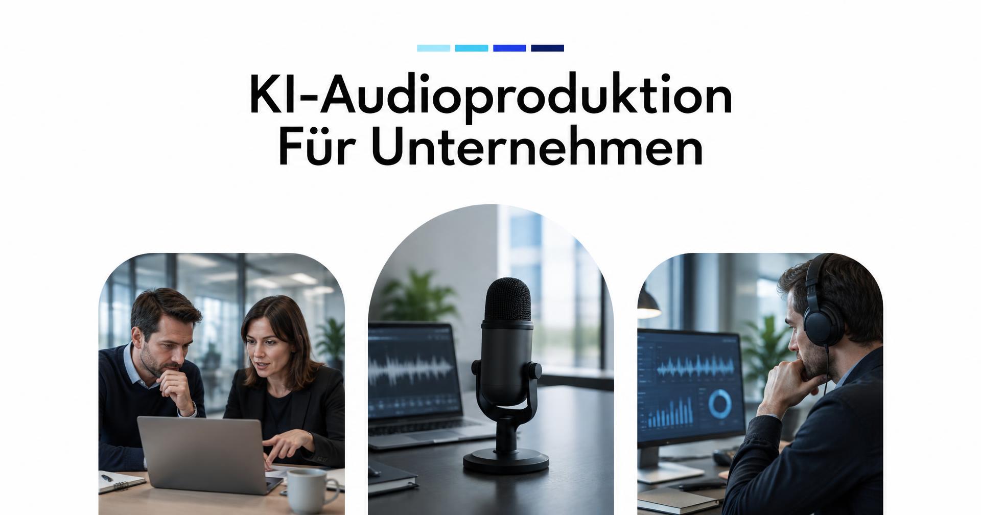 KI-Audioproduktion für Unternehmen: Teamplanung, Mikrofon und Analyse in drei Bildbögen