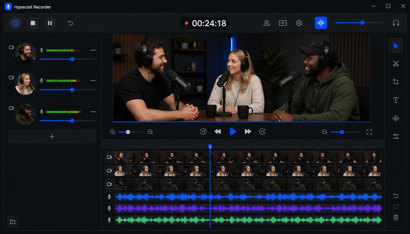 Hypecast Studio for desktop interface showing three camera tracks, audio waveforms and a live recording preview