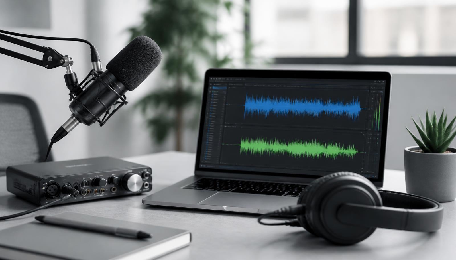 Corporate podcast production setup with a studio microphone, audio interface, headphones and a laptop showing an audio editing timeline