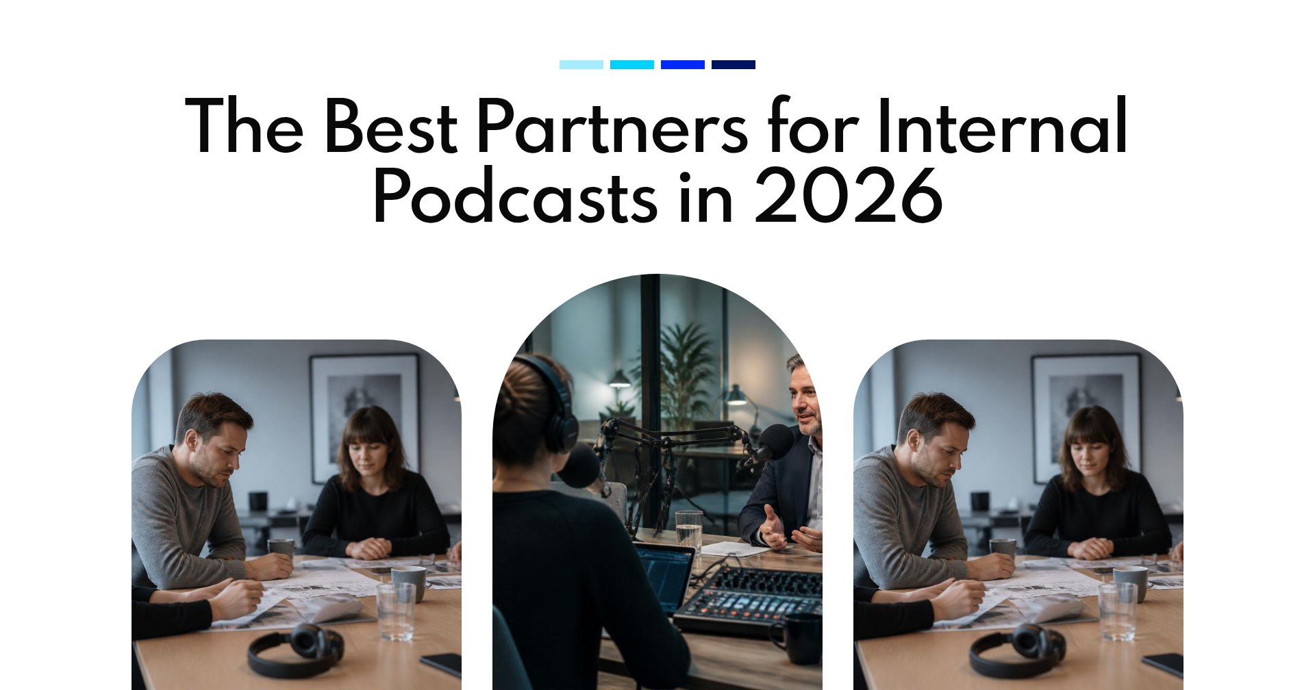Production team interviewing a business executive in a modern podcast studio with microphones, headphones and an audio mixer