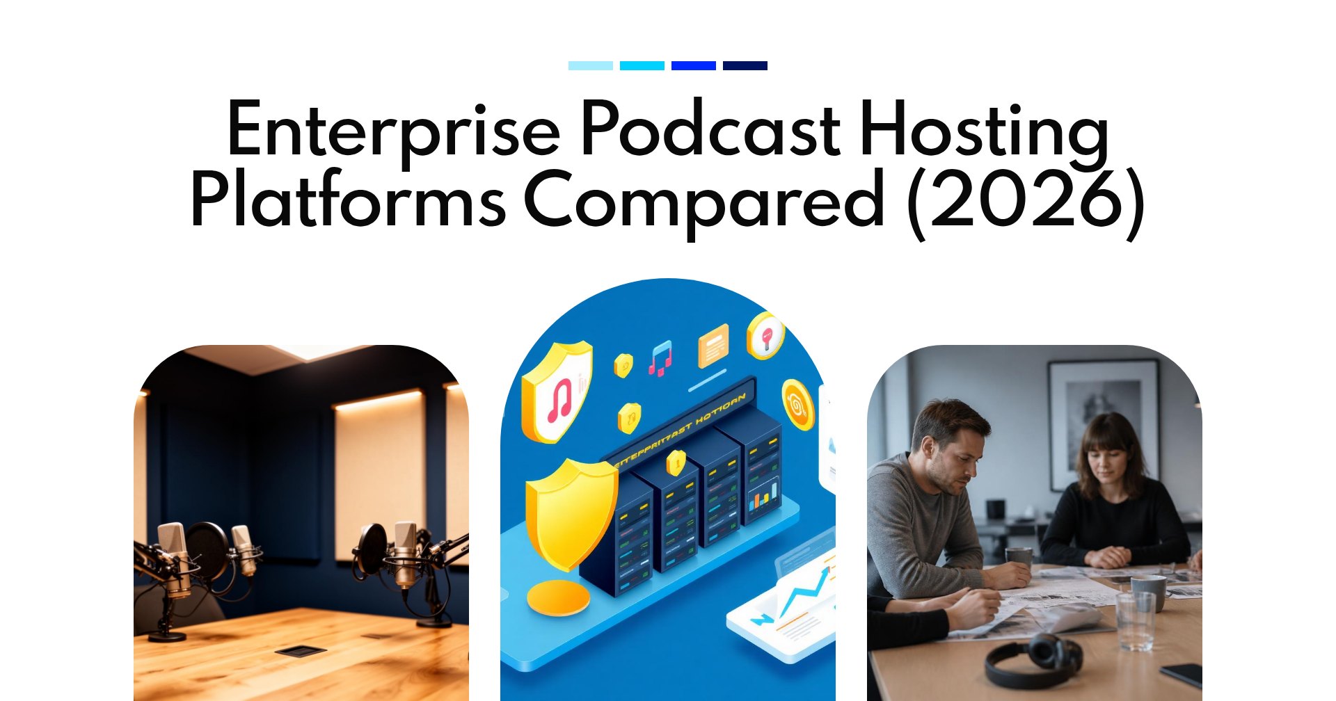 Isometric illustration comparing enterprise podcast hosting platforms with security shields, servers and analytics dashboards