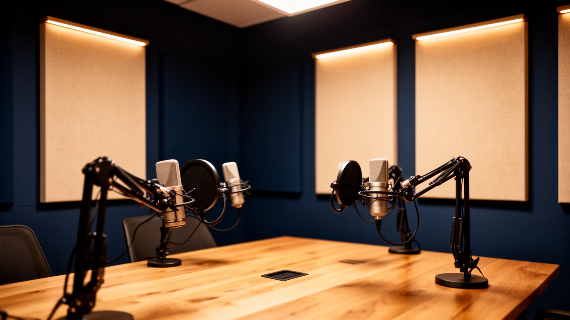 Corporate podcast studio with professional microphones, acoustic paneling, and warm lighting