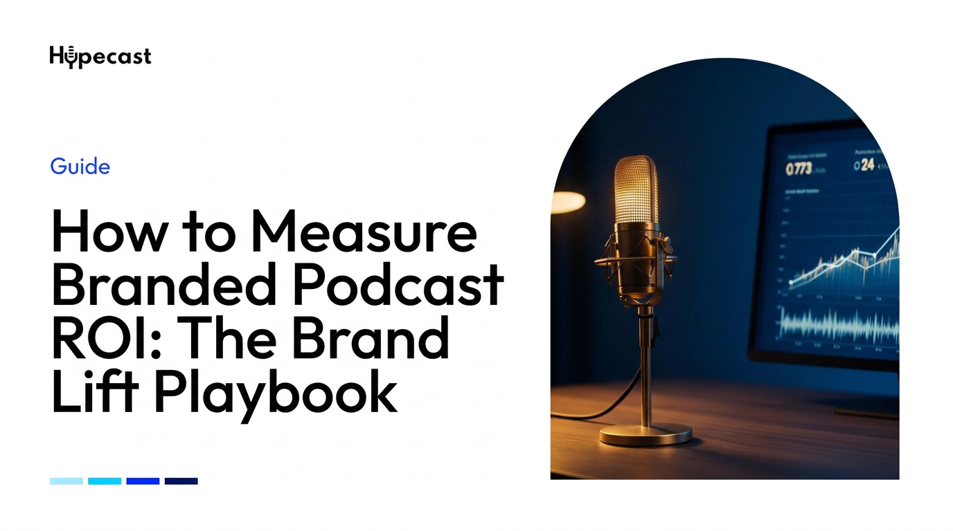 Podcast microphone next to analytics dashboard showing brand lift metrics and rising charts