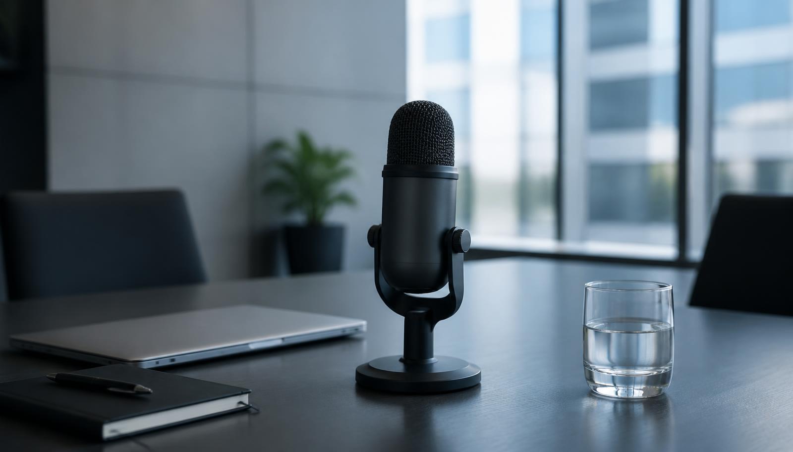 Professional podcast microphone on a corporate meeting room table with a laptop and notebook