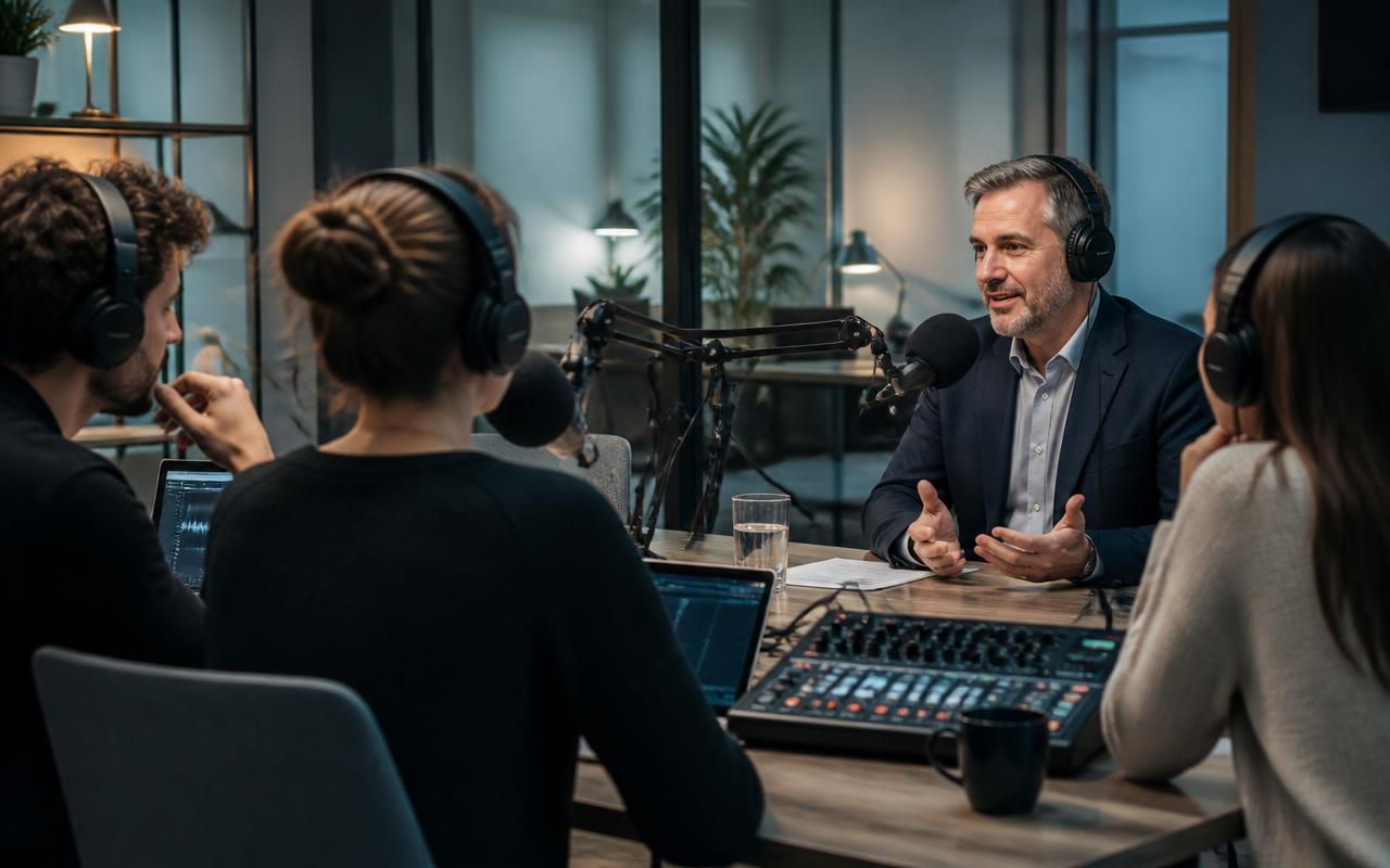 Production team interviewing a business executive in a modern podcast studio with microphones, headphones and an audio mixer