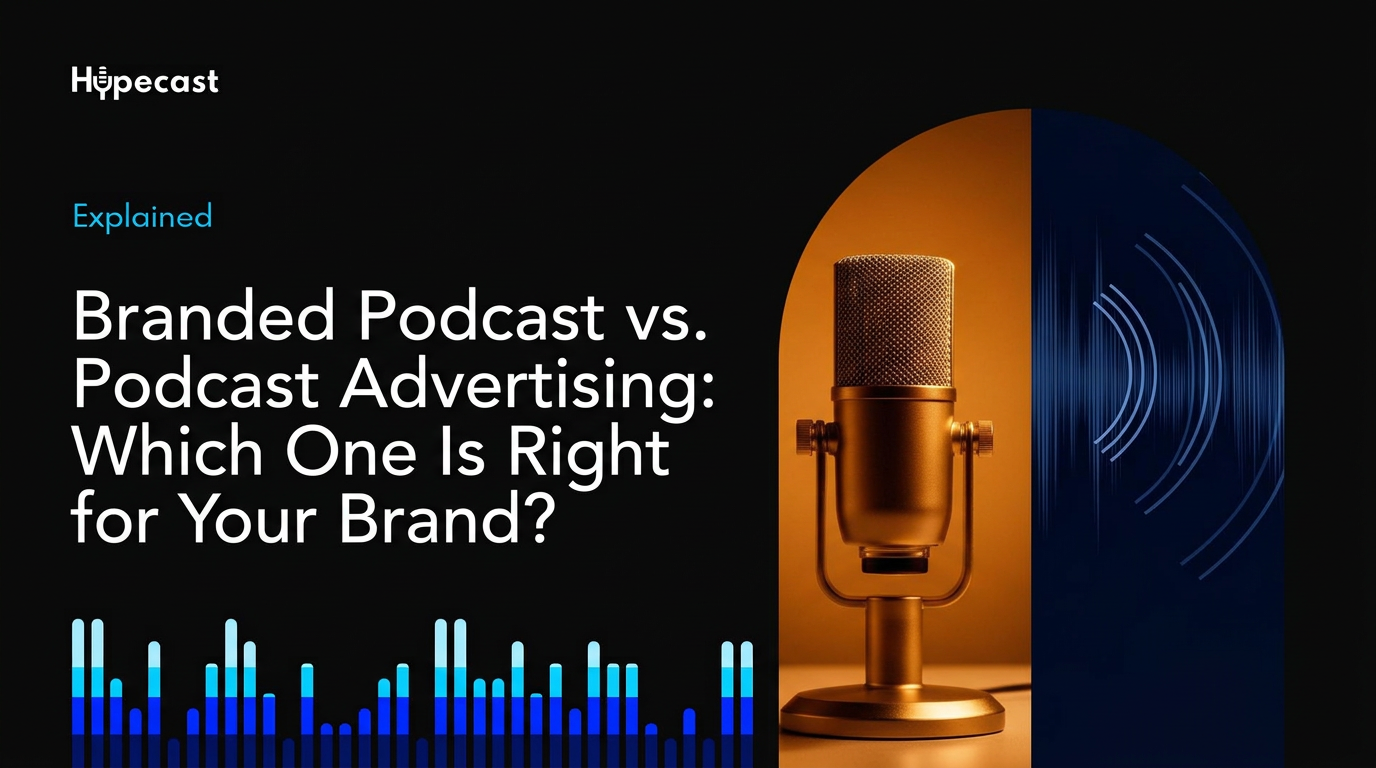 Gold podcast microphone in warm amber light beside abstract blue broadcast sound waves