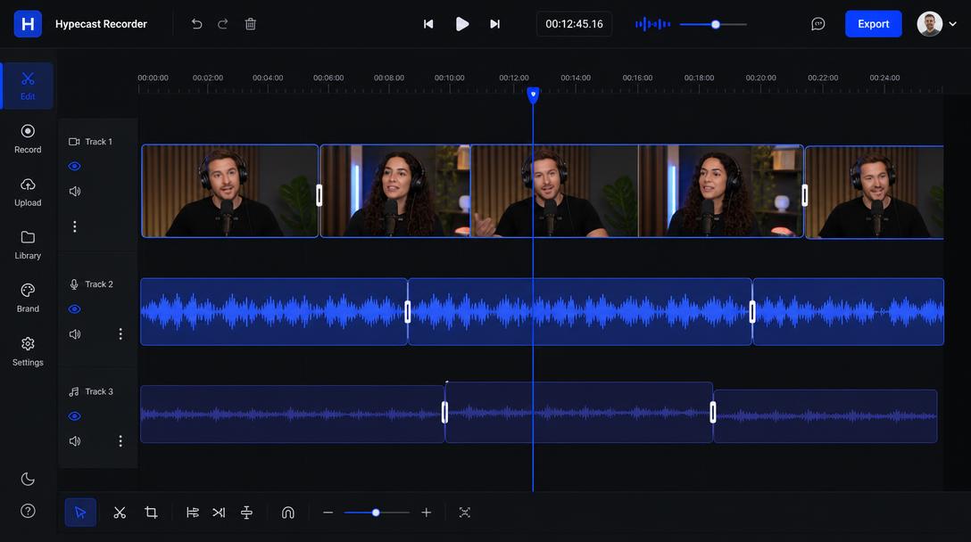 Hypecast Studio for desktop multitrack timeline editor with video clips and waveforms