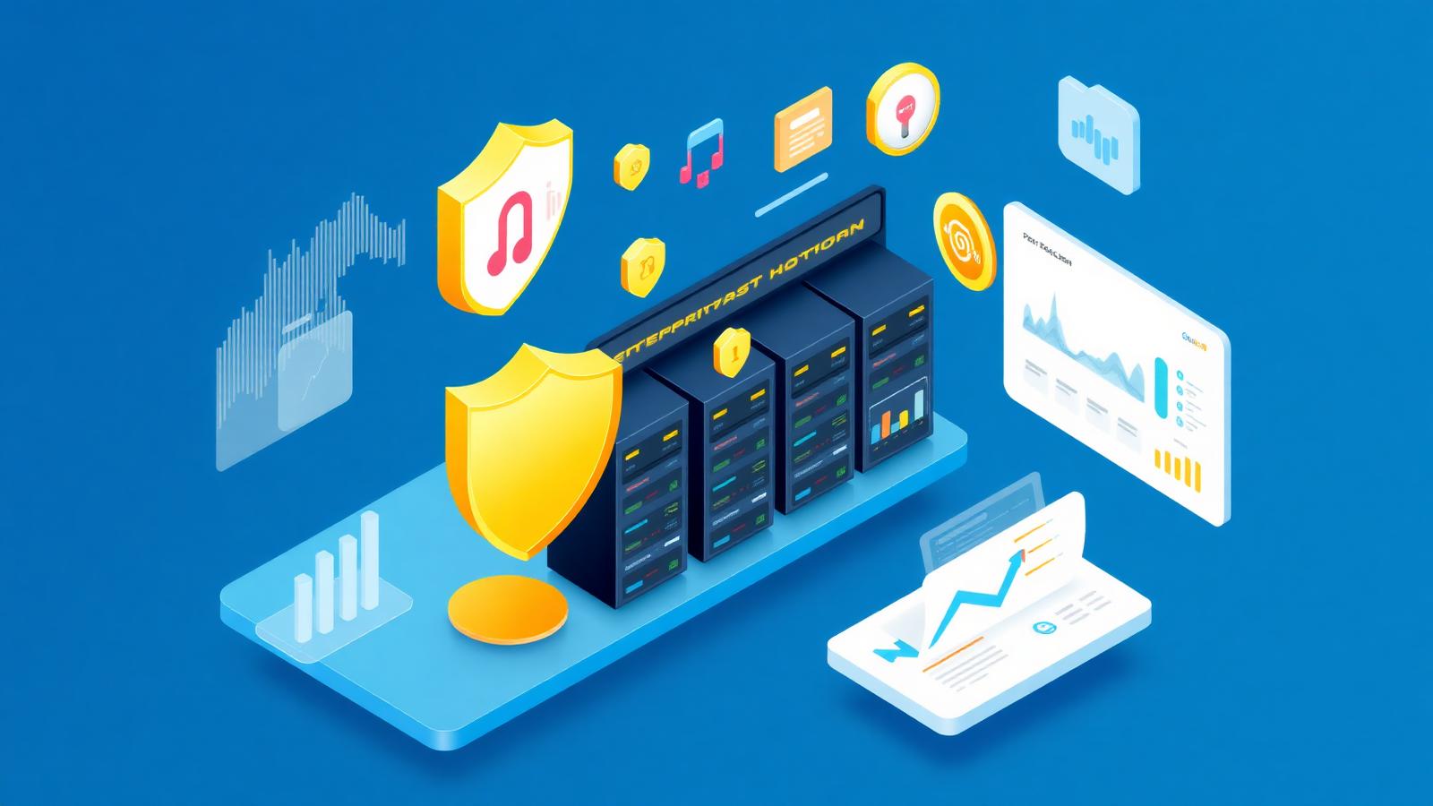Isometric illustration comparing enterprise podcast hosting platforms with security shields, servers and analytics dashboards