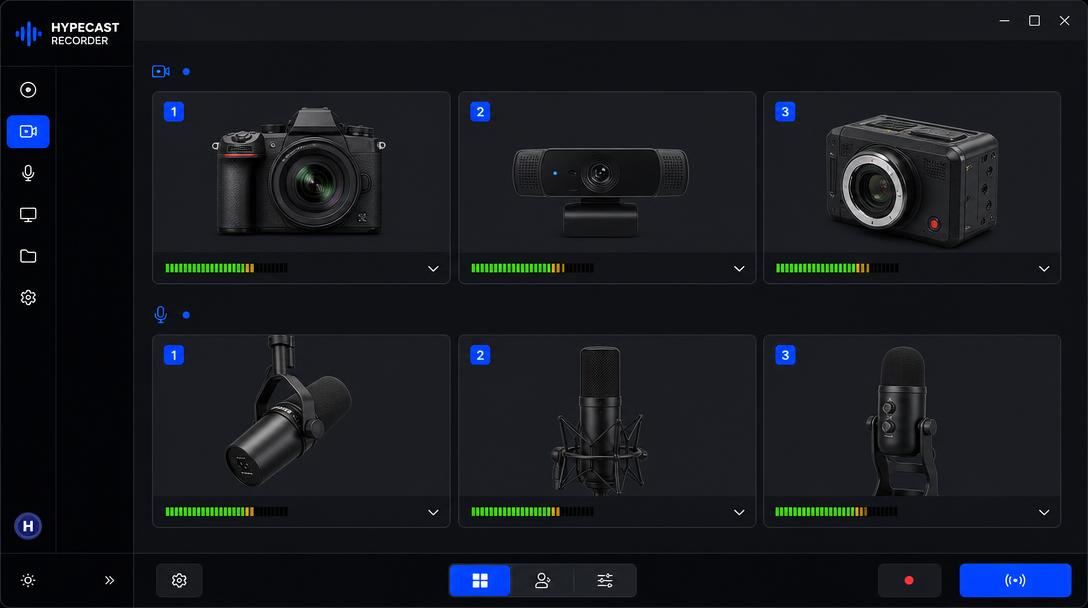 Hypecast Studio for desktop device setup showing three cameras and three microphones
