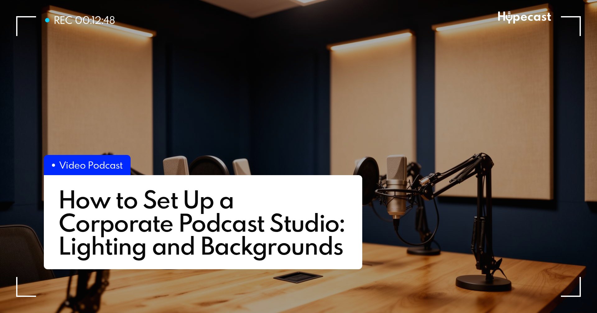 Corporate podcast studio with professional microphones, acoustic paneling, and warm lighting