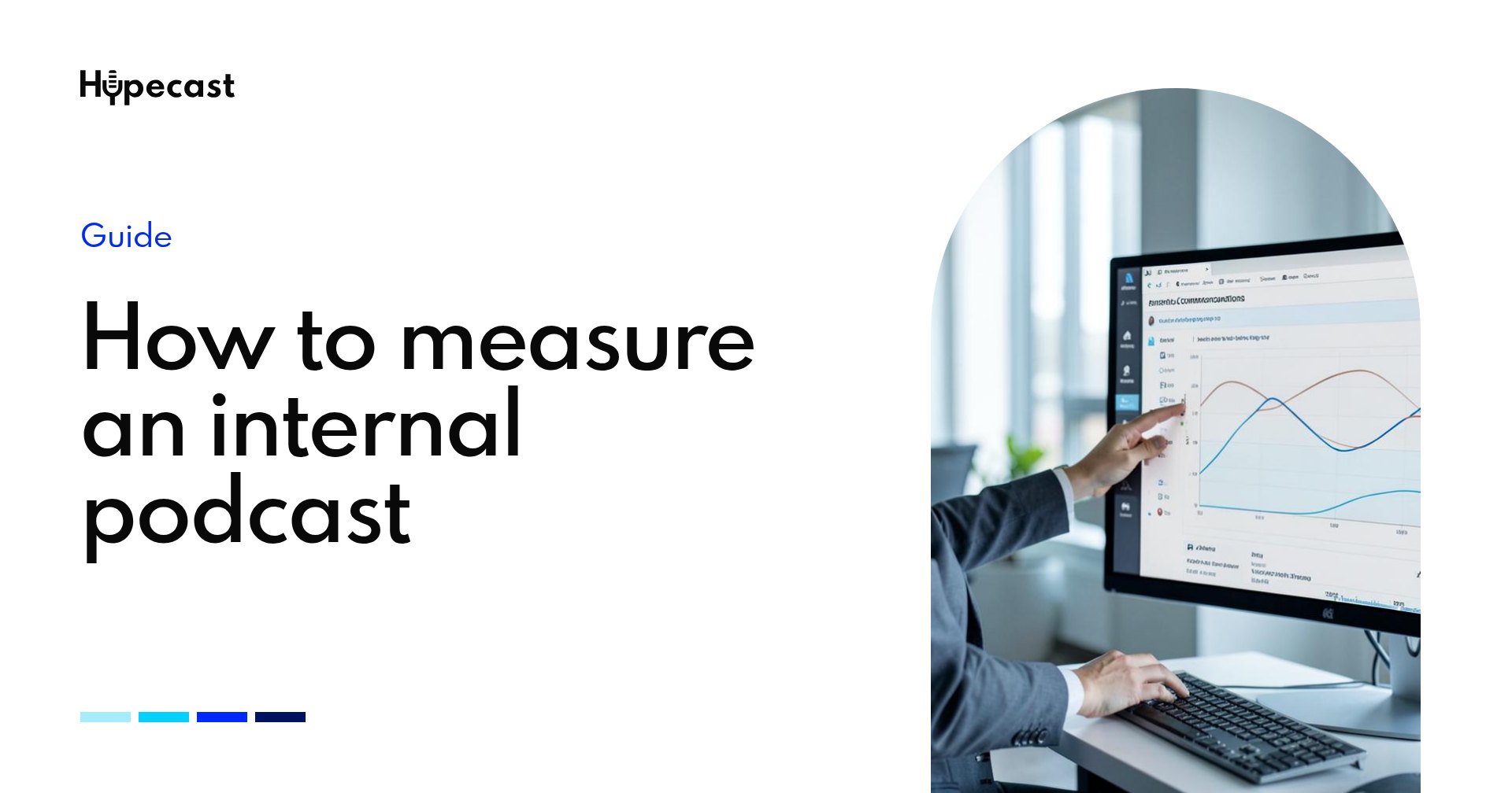 Communications professional reviewing an audio listening analytics dashboard on a monitor