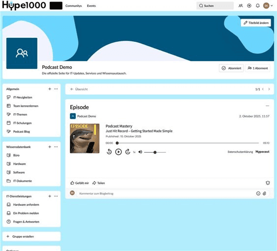Mockup of a Hypecast episode in Haiilo Home plus an employee resharing through Haiilo Share to LinkedIn.