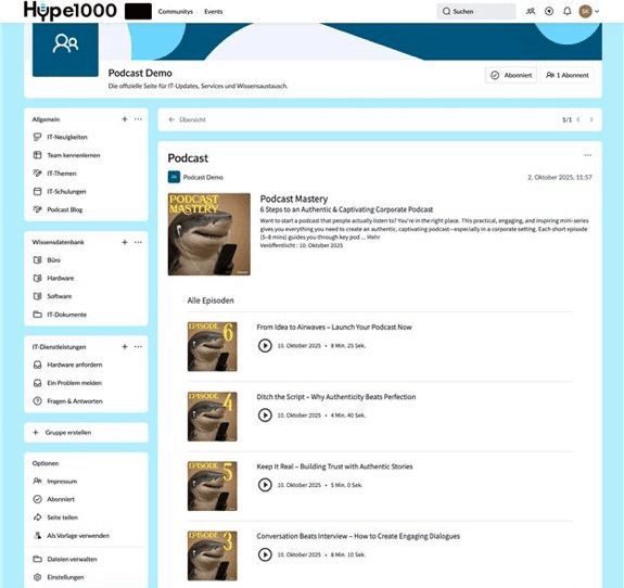 Mockup of a Hypecast episode in Haiilo Home plus an employee resharing through Haiilo Share to LinkedIn.