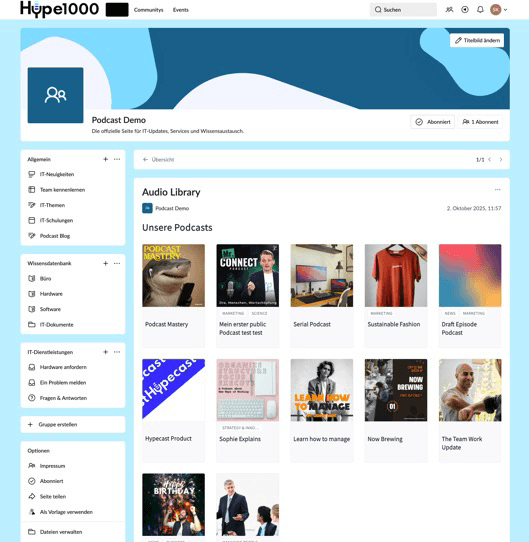 Mockup of a Hypecast episode in Haiilo Home plus an employee resharing through Haiilo Share to LinkedIn.