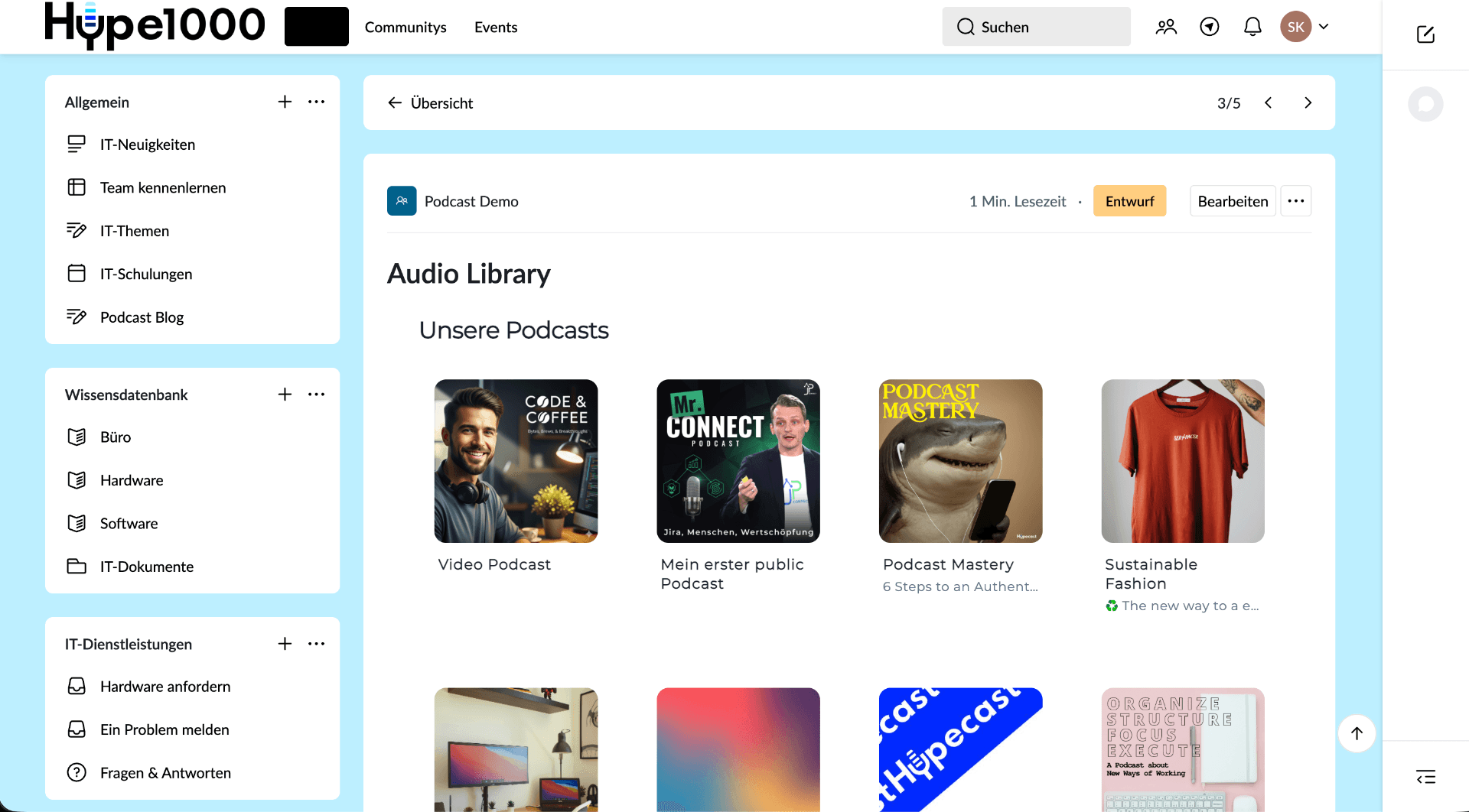 Mockup of a Hypecast episode in Haiilo Home plus an employee resharing through Haiilo Share to LinkedIn.