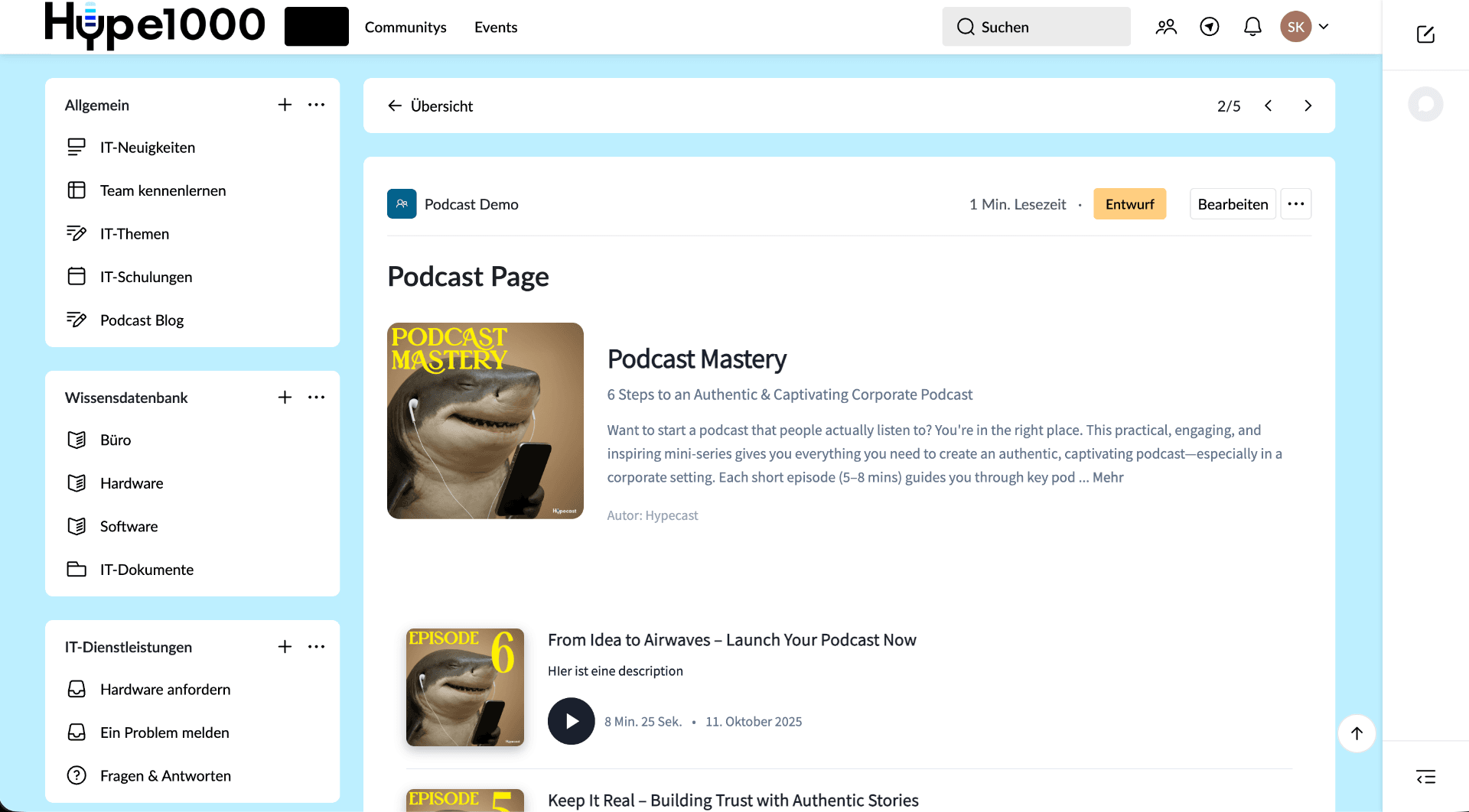 Mockup of a Hypecast episode in Haiilo Home plus an employee resharing through Haiilo Share to LinkedIn.