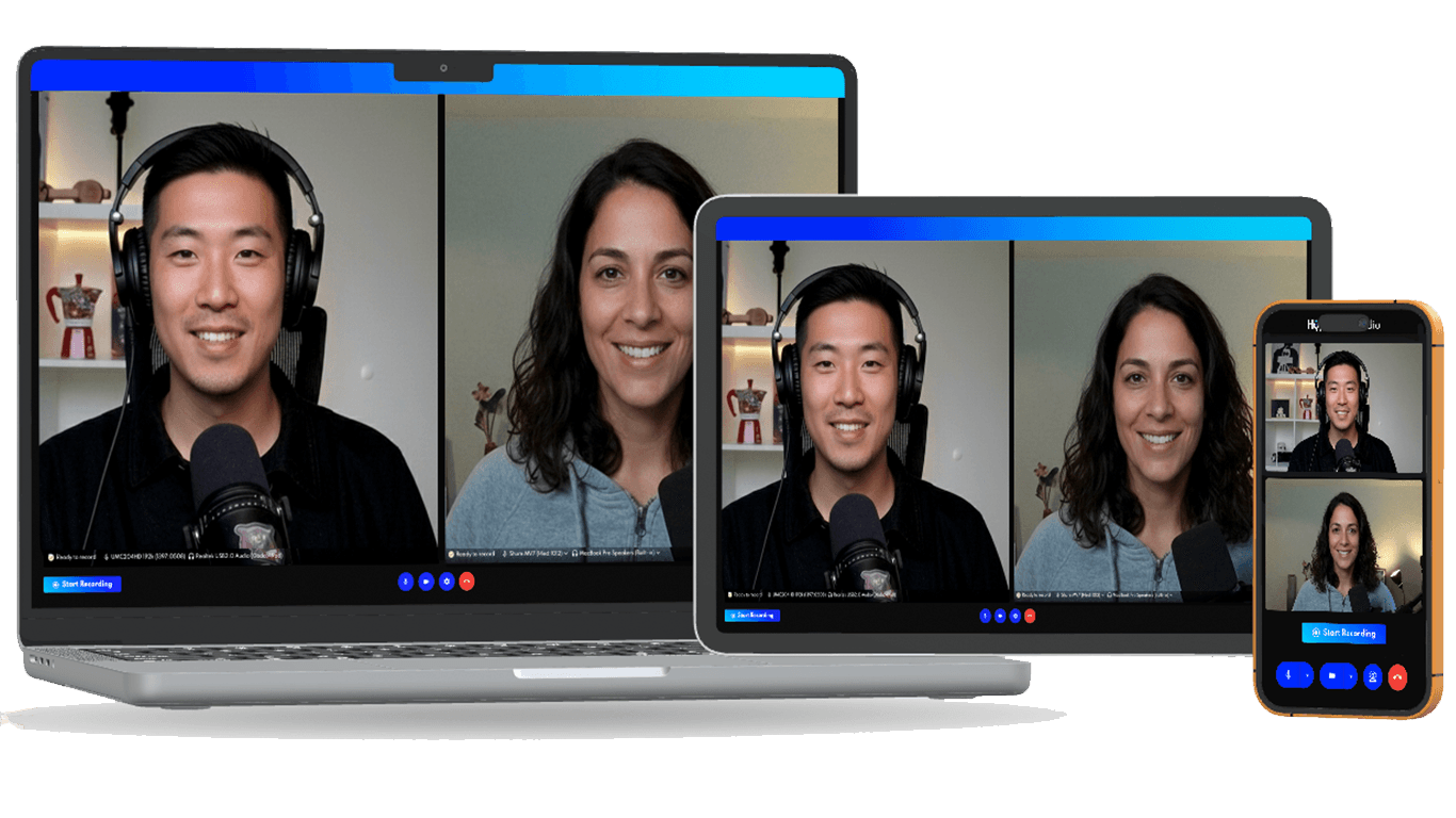 Hypecast Studio interface on laptop, tablet, and phone